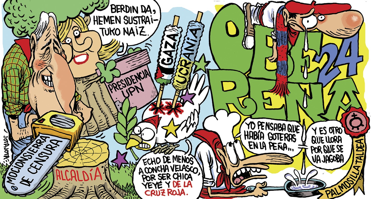 Asiron, Ibarrola, Arrasate,  y las guerras en Gaza y Ucrania, temas y personajes de las pancartas de las peñas