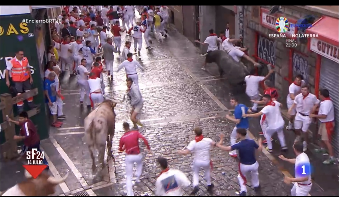 Los toros de Miura realizan un octavo encierro trepidante  y con la manada dividida en varios tramos 
