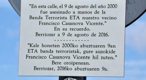 El PPN de Berriozar denuncia la desaparición de la placa colocada donde fue asesinado Paco Casanova