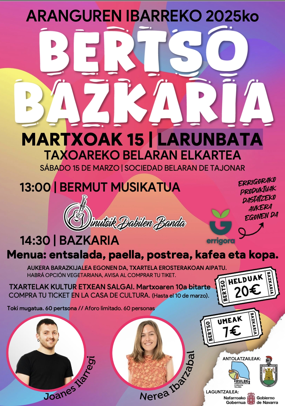 Joanes Ilarregi y Nerea Ibarzabal, en la ‘Bertso Bazkari’ del 15 de marzo en Tajonar