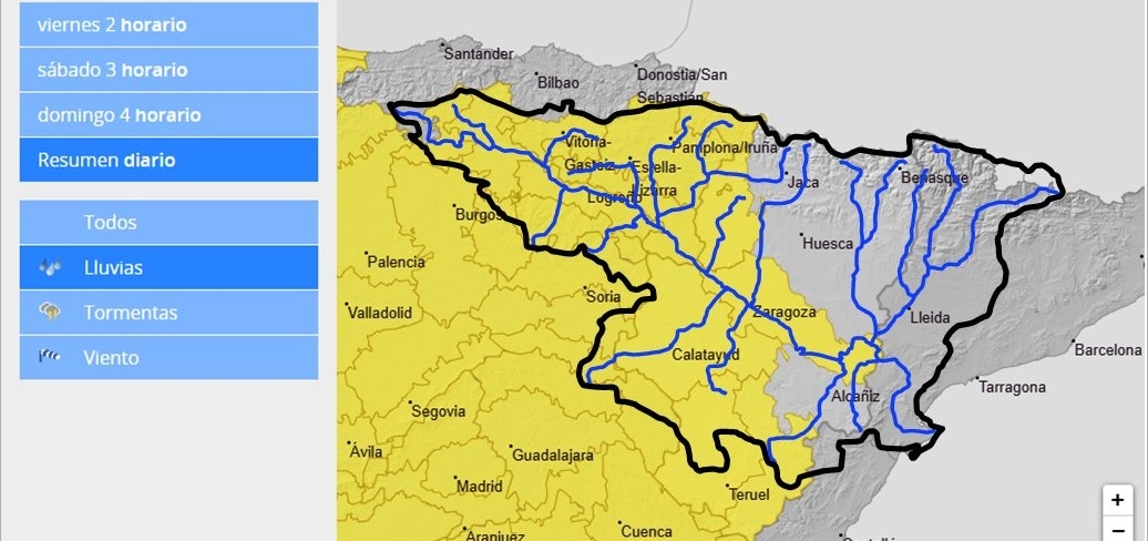 La CHE advierte del riesgo de crecidas súbitas en barrancos y cauces menores por lluvias intensas en la cuenca del Ebro