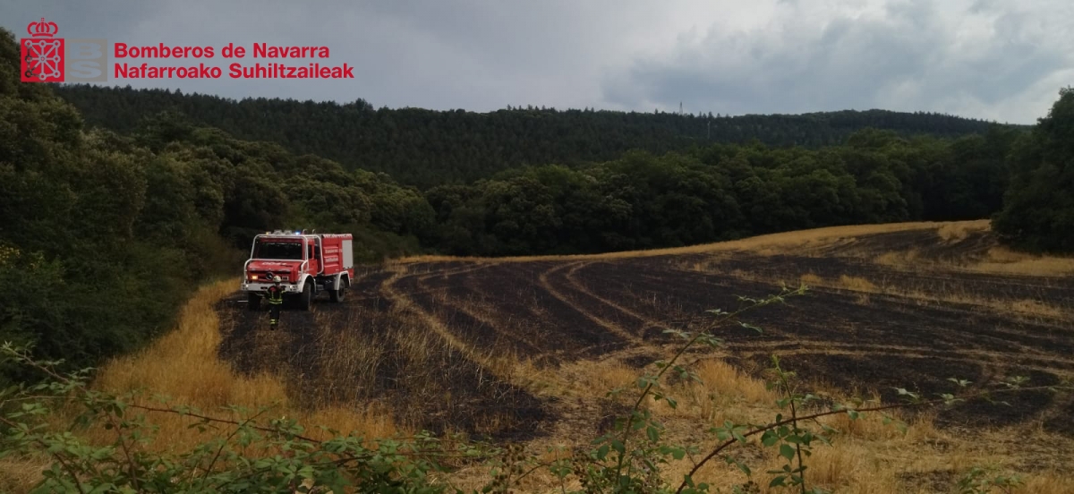 Arde un campo de cereal junto a la AP-15 a la altura de Erice (Iza)