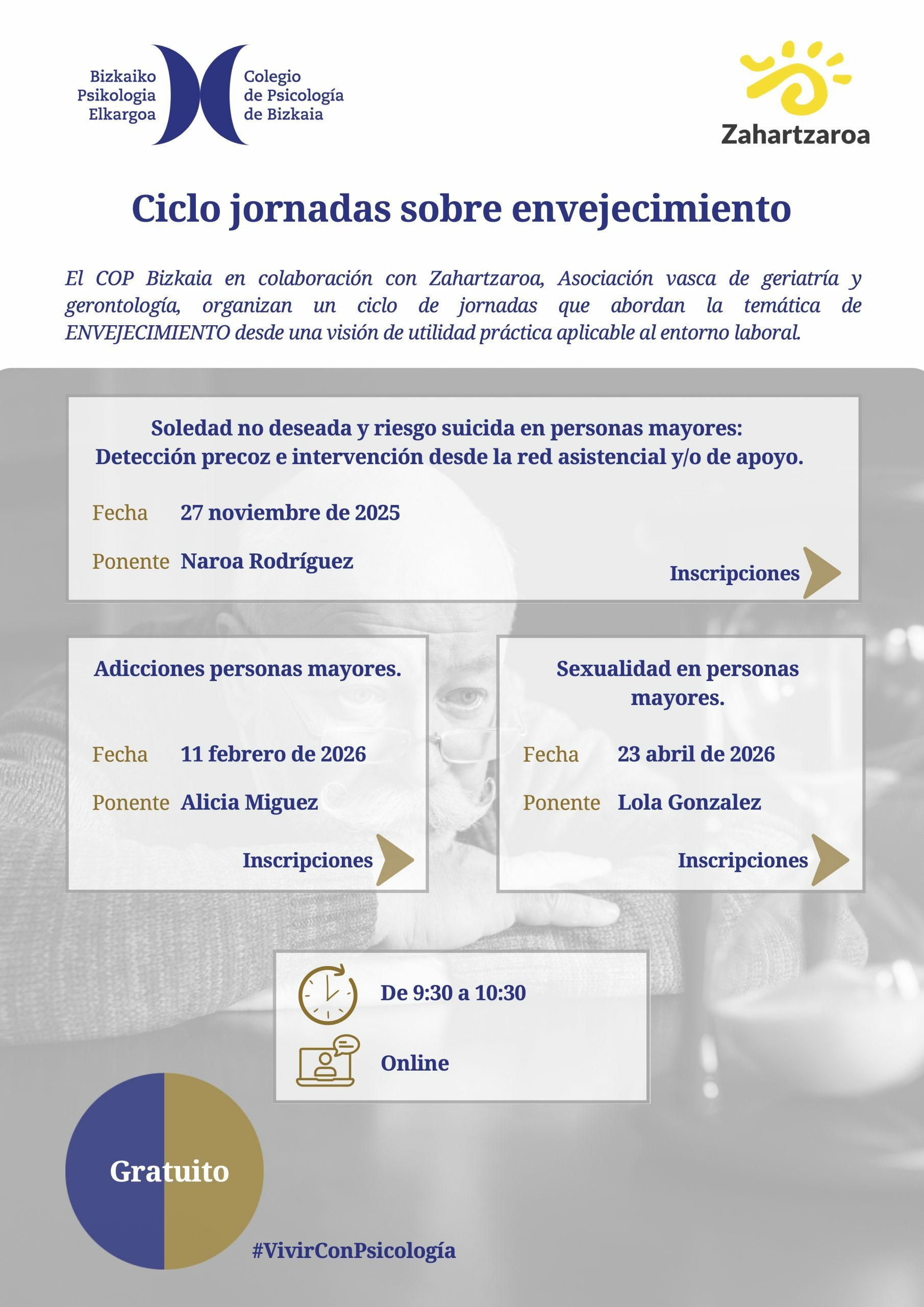 El Colegio de Psicología de Bizkaia y Zahartzaroa presentan un ciclo de webinars sobre el envejecimiento