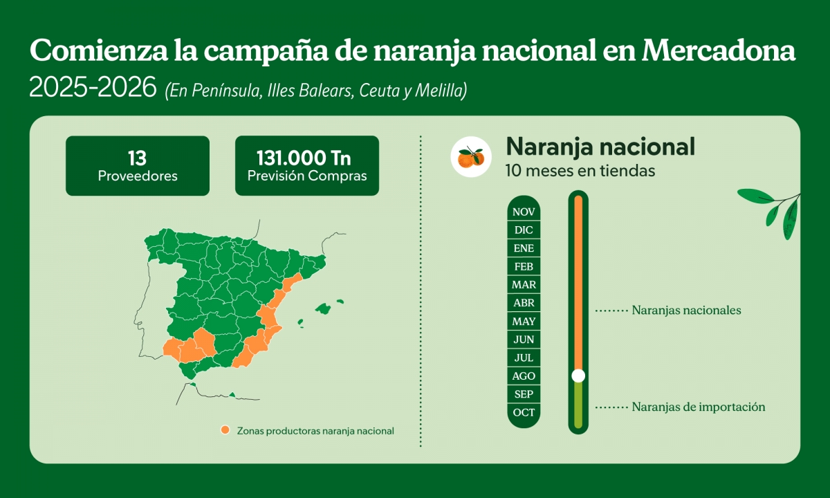 Mercadona prevé comercializar 131.000 toneladas de naranja española durante la campaña 2025/26