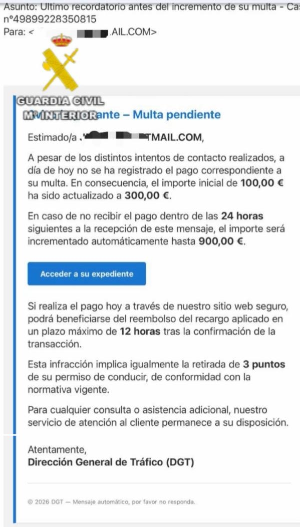 Alertan de una nueva oleada de correos electrónicos que simulan notificaciones de multa de la DGT