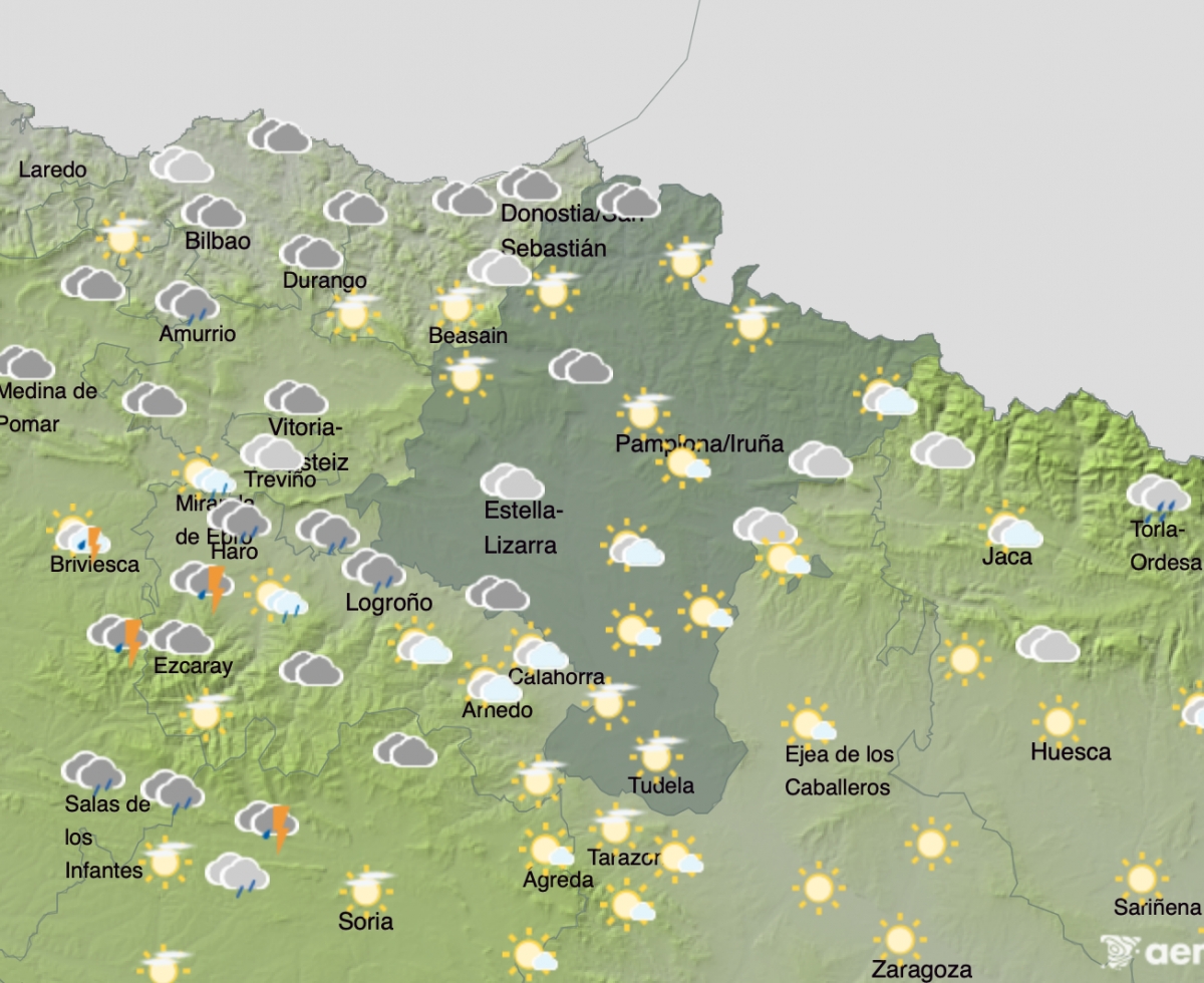 Lluvia y tormentas en el norte de Navarra este lunes, con máximas de hasta 27 grados en el sur