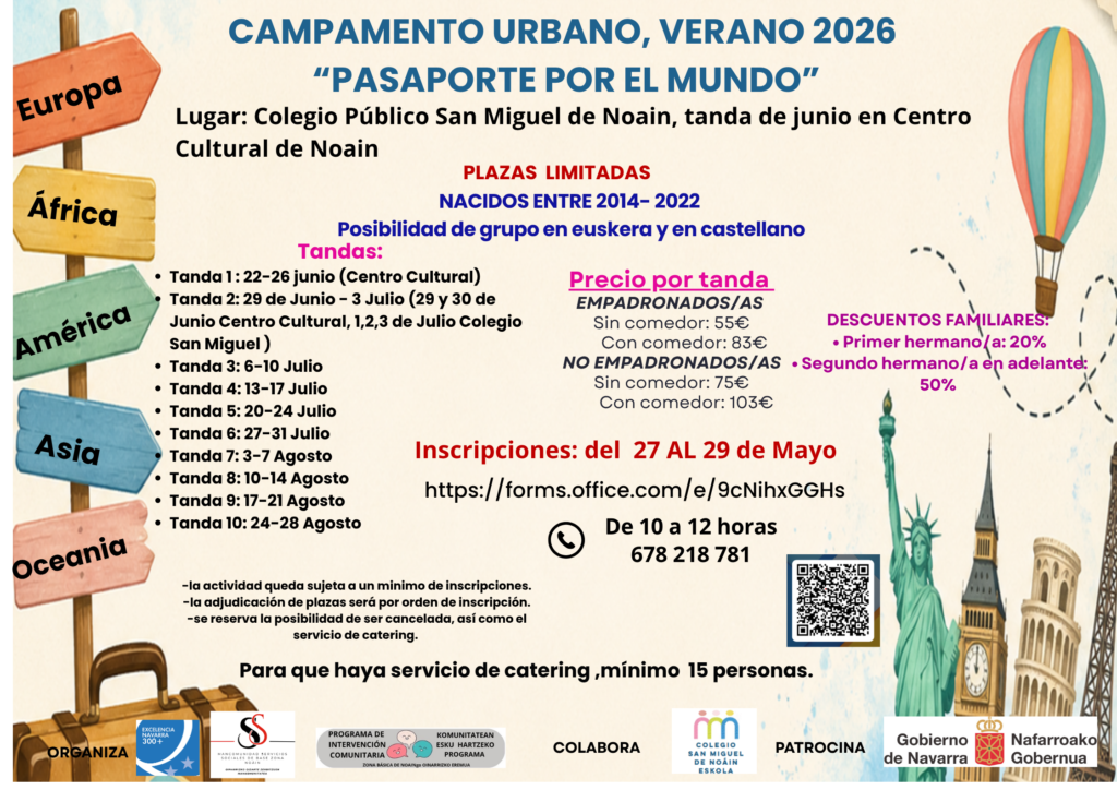Noáin abre las inscripciones para los campamentos de verano infantiles de 2026 en el colegio público