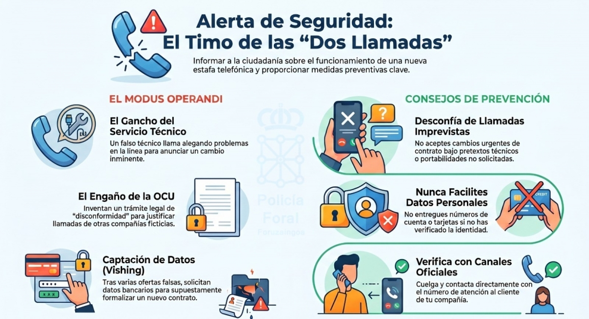 Policía Foral alerta sobre la estafa telefónica de las «dos llamadas» para obtener datos bancarios