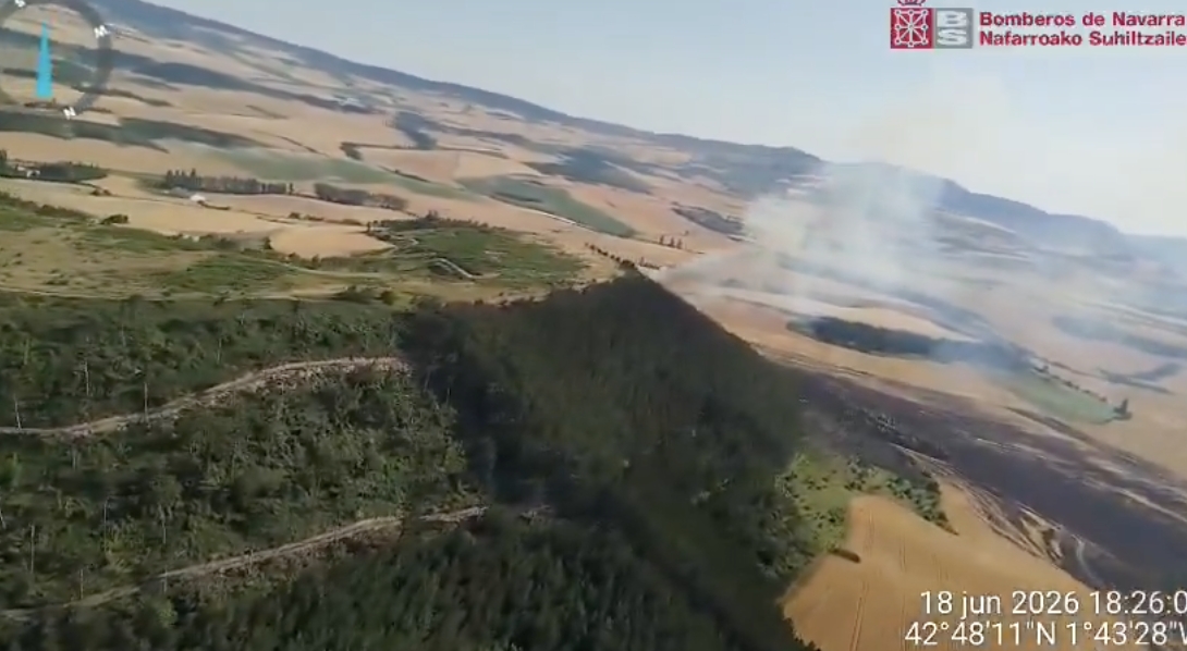 Se reactiva el incendio forestal del pinar del monte de Mendia, en la Cendea de Olza