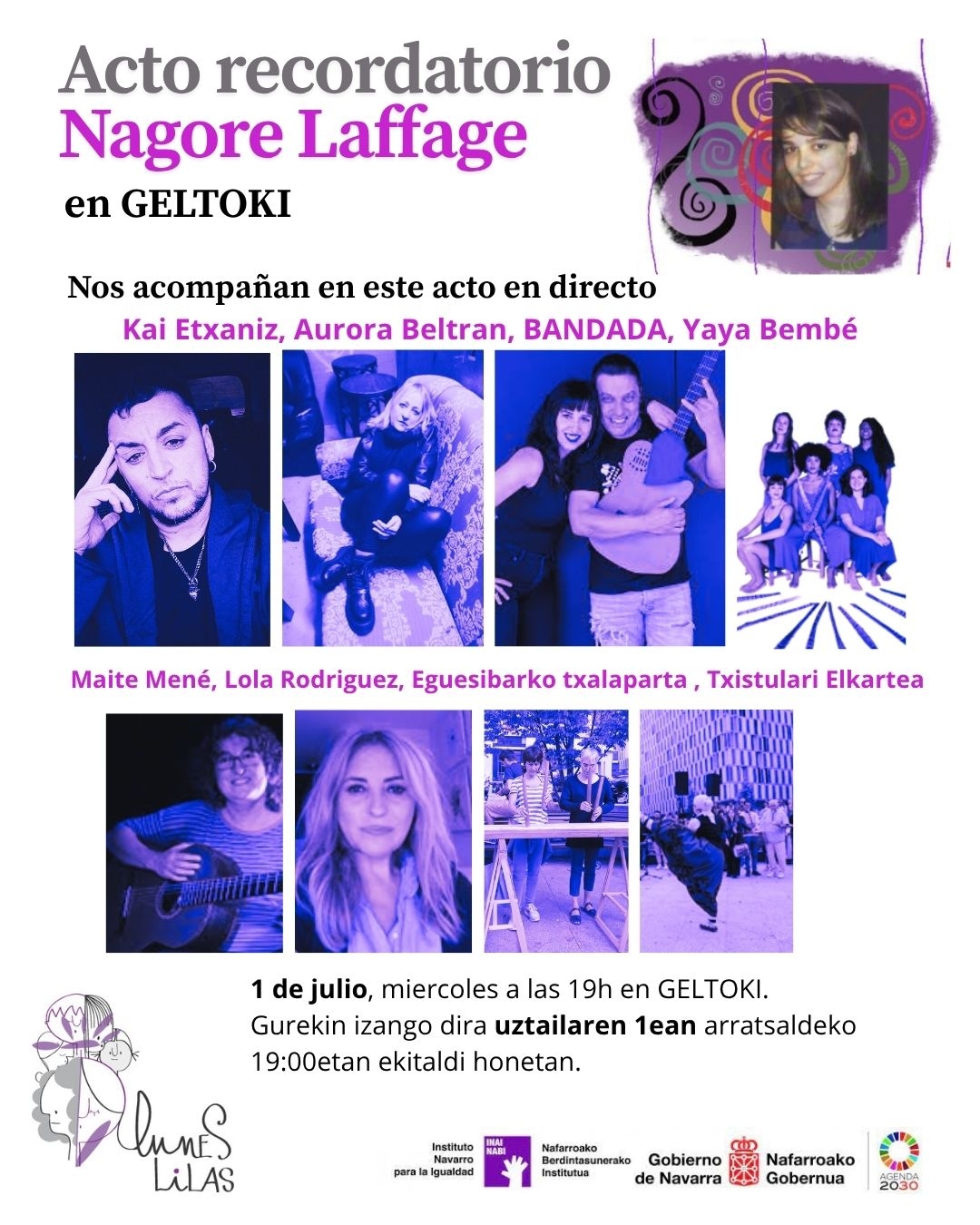 Lunes Lilas recuerda a Nagore Laffage 18 años después y convoca un acto en Geltoki para este miércoles, 1 de julio