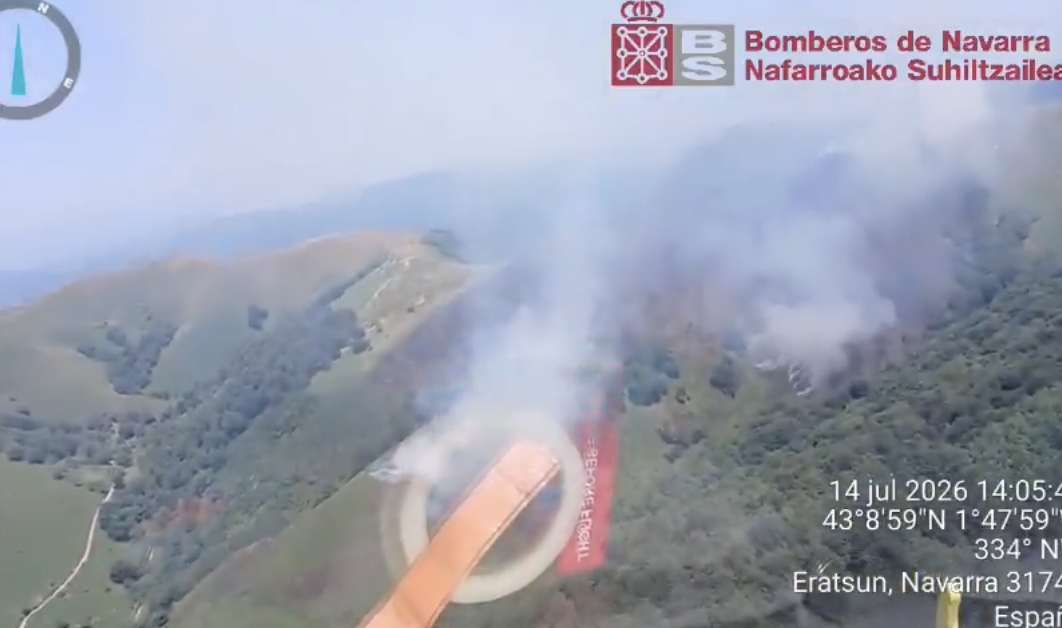 Un incendio forestal moviliza a bomberos, brigada BHIF y dos helicópteros en Goizueta