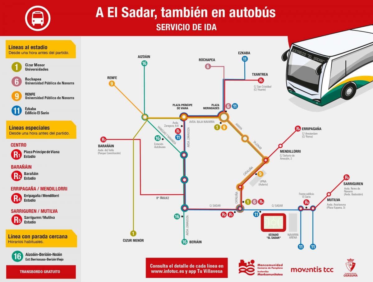 Este sábado,  servicio especial de villavesas para el partido de Osasuna ante Al Ain en El Sadar