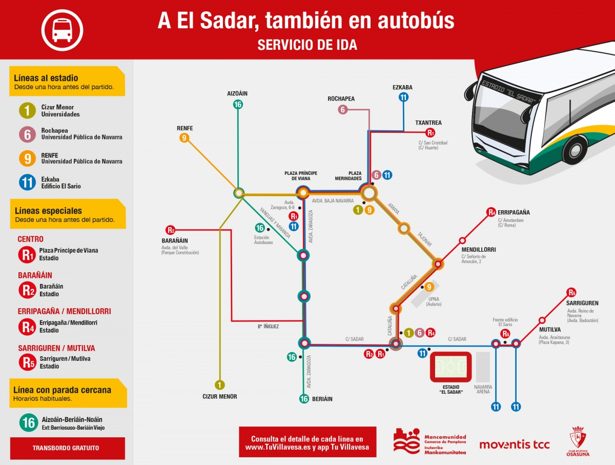 La Mancomunidad activa el servicio especial de villavesas al estadio El Sadar para el Osasuna-Getafe