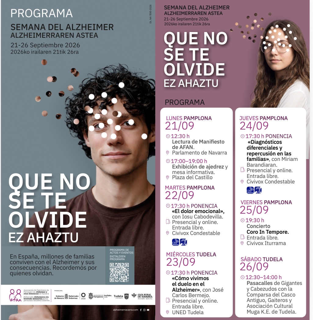 AFAN presenta el programa de la Semana del Alzheimer en Pamplona y Tudela del 21 al 26 de septiembre