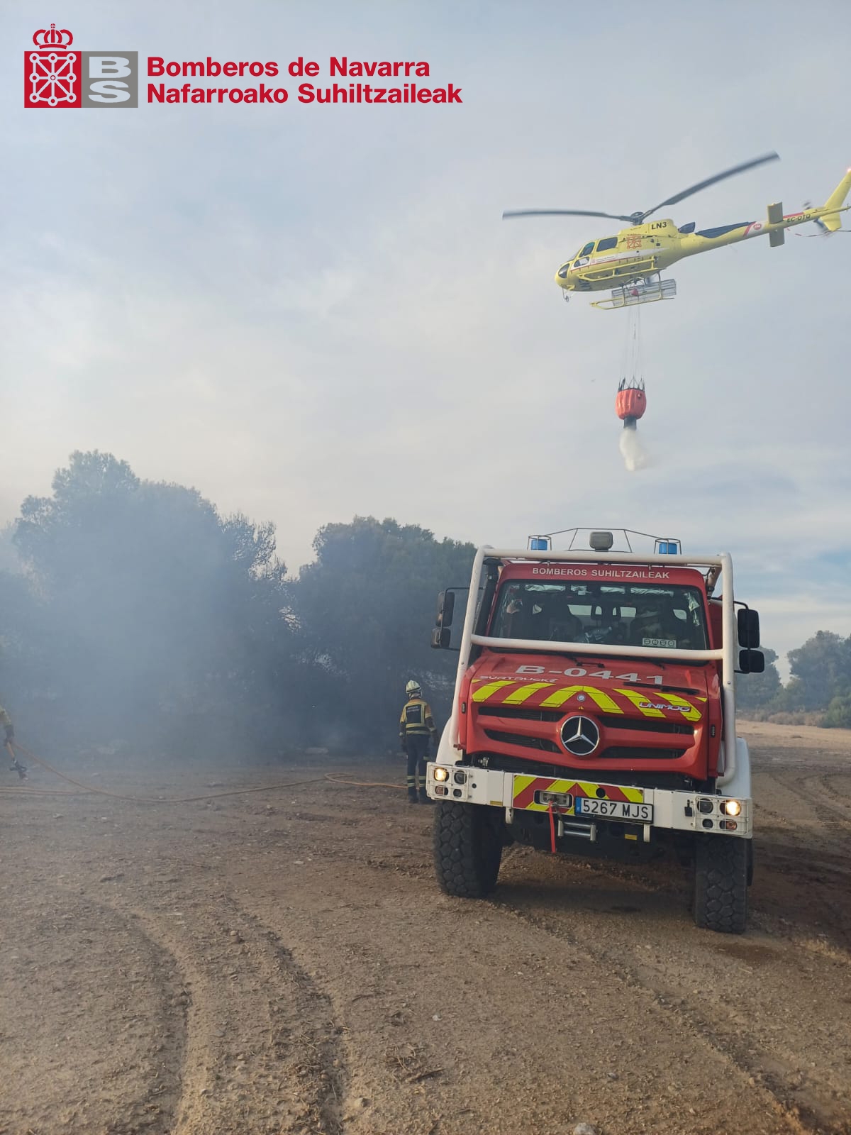 Dotaciones de cuatro parques y numerosos fectivos aéreos intervienen para sofocar un incendio forestal en Caparroso