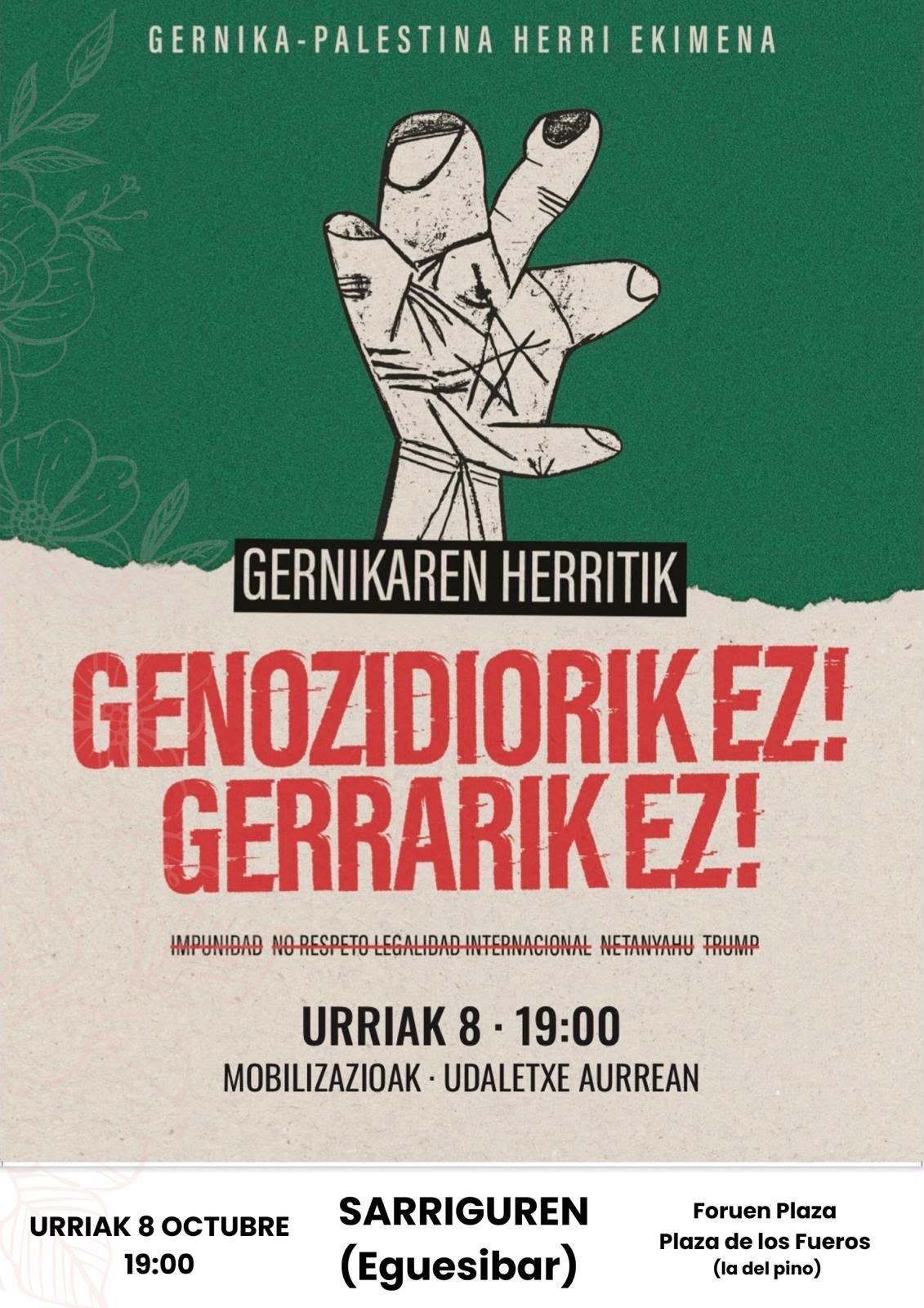 Convocan una movilización en Sarriguren el 8 de octubre en apoyo a Palestina y contra la guerra