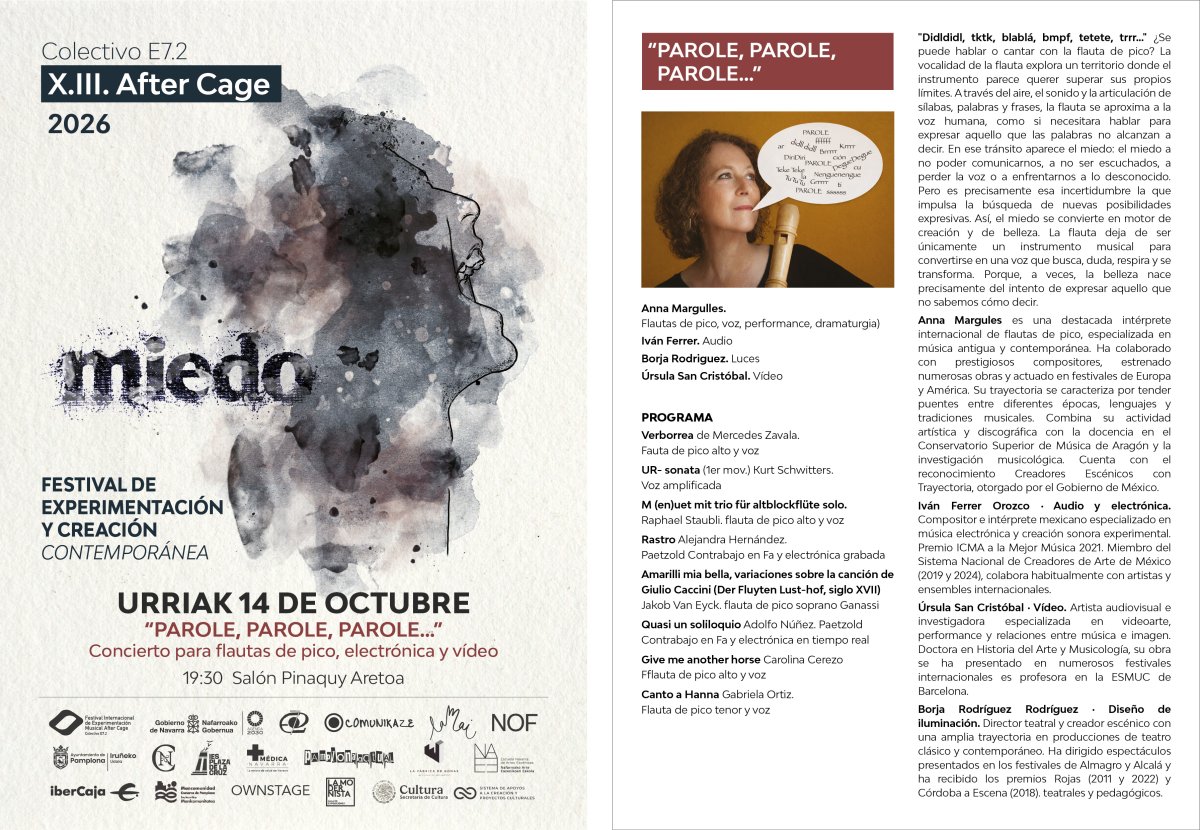 El Festival After Cage profundiza esta semana en su visión artística sobre el miedo como motor creativo con 'Parole, parole, parole…' este miércoles, 14 de octubre en el Salón Pinaquy