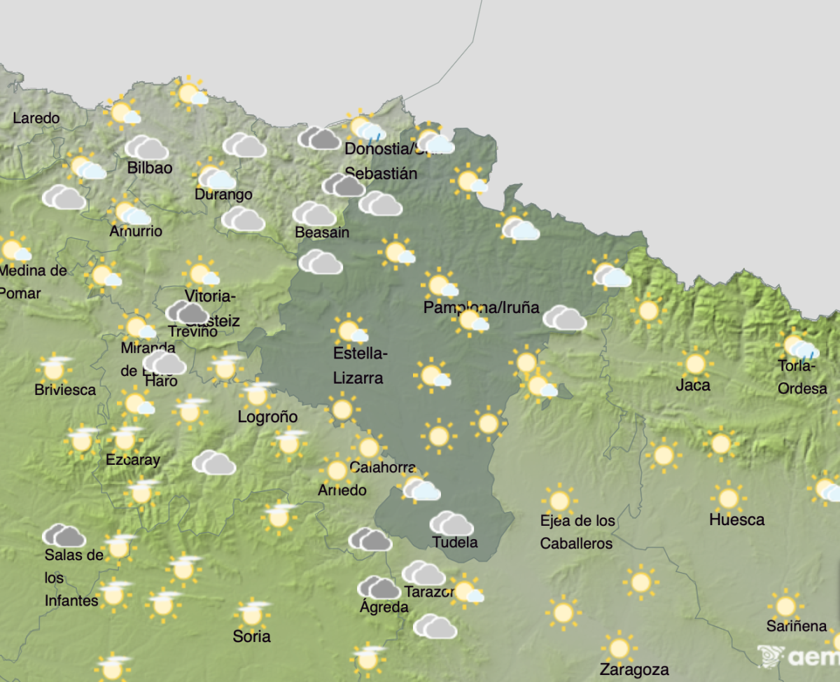 Martes de nubes, alguna lluvia débil al amanecer en el este y temperaturas en ligero ascenso en Navarra