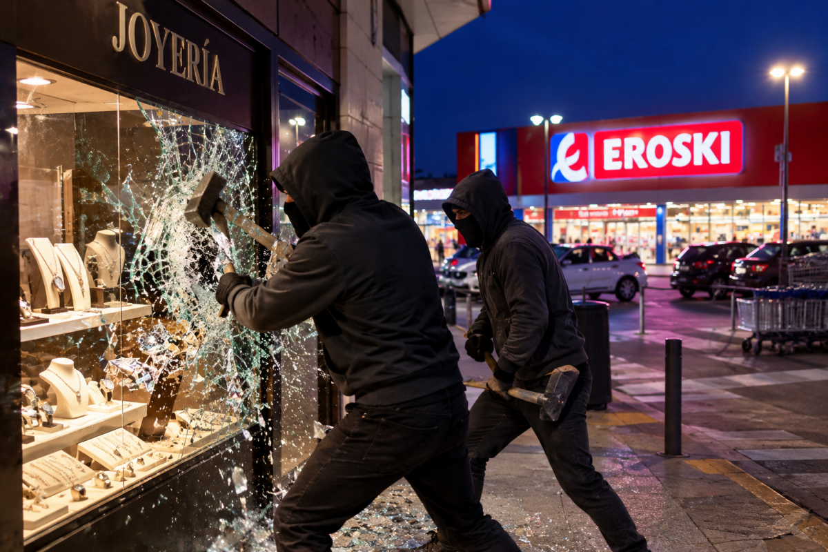 Roban más de 10.000 euros en la joyería de la galería del hipermercado Eroski de Pamplona tras fracturar los cristales con martillos