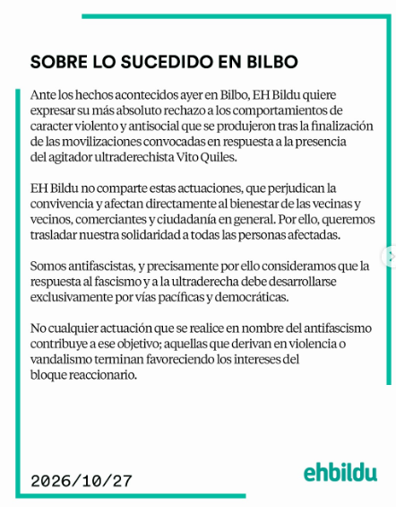 EH Bildu rechaza los altercados en Bilbao tras la protesta contra Vito Quiles