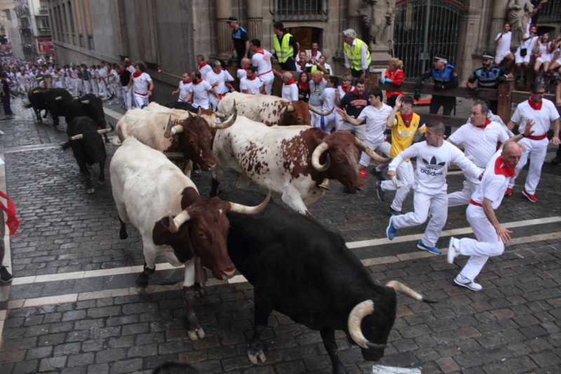 Los \'Victorianos\' volaron sobre las calles de Pamplona en un sexto encierro con una manada muy estirada en Estafeta